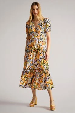 Ted Baker Safiree Black Printed Tiered Midi Dress