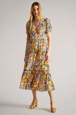 Ted Baker Safiree Black Printed Tiered Midi Dress -Tedbaker Sales 2024 unnamed file 1066