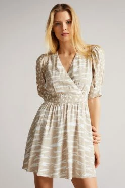 Ted Baker Rosaana Brown Puff Sleeve Wrap Mini Dress
