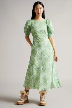 Ted Baker Green Seersucker Check Midi Dress
