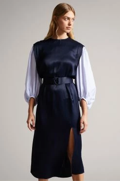 Ted Baker Kaytei Navy Blue Belted Midi Dress With Puff Sleeve -Tedbaker Sales 2024 unnamed file 1274