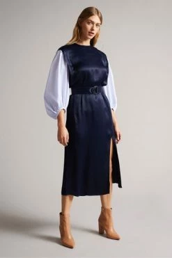 Ted Baker Kaytei Navy Blue Belted Midi Dress With Puff Sleeve -Tedbaker Sales 2024 unnamed file 1277