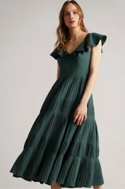 Ted Baker Teal-Blue Iveth Exaggerated Ruffle Midi Dress -Tedbaker Sales 2024 unnamed file 1337