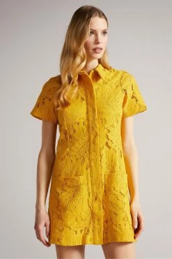 Ted Baker Yellow Mini Lace With Oversized Pockets Shirt Dress