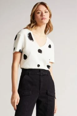Ted Baker Zariiah White Spot Linen V Neck T-Shirt