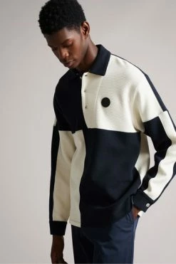 Ted Baker Wickam Navy Long Sleeve Textured Polo Shirt -Tedbaker Sales 2024 unnamed file 4019