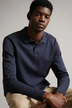 Ted Baker Baddow Navy Blue Long Sleeve Heavy Twill Jersey Polo Shirt -Tedbaker Sales 2024 unnamed file 4123