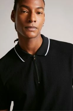 Ted Baker Buer Black Short Sleeve Textured Zip Polo Shirt -Tedbaker Sales 2024 unnamed file 4255