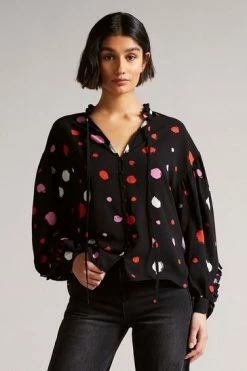 Ted Baker Black Sunrai Spot Print Frilled Blouse -Tedbaker Sales 2024 unnamed file 4493