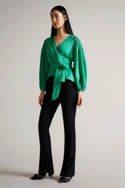 Ted Baker Green Tavia Mid Smock Shoulder Wrap Top -Tedbaker Sales 2024 unnamed file 4549