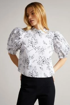 Ted Baker White Luulah Puff Sleeve Tie Back Top