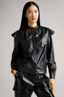Ted Baker Black Perforated Pleather Top With Collar