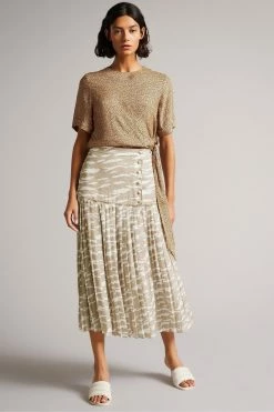 Ted Baker Brown Zebra Camel Dropped Waist Pleated Midi Skirt -Tedbaker Sales 2024 unnamed file 5728