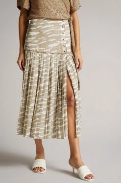 Ted Baker Brown Zebra Camel Dropped Waist Pleated Midi Skirt -Tedbaker Sales 2024 unnamed file 5731