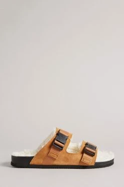 Ted Baker Dougie Brown Suede Nylon Clip Two Strap Slippers
